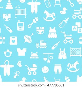 Products for children, background, seamless, blue. Vector colored background with clothes, toys and personal items for newborns and young children. White icons on a light blue background. 