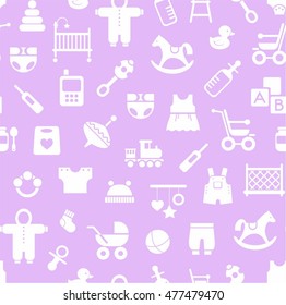 Products for children, background seamless, Magenta. Vector colored background with clothes, toys and personal items for newborns and young children. White icons on a purple background. 