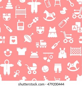 Products for children, background, seamless, pink. Vector colored background with clothes, toys and personal items for newborns and young children. White icons on a pink background. 