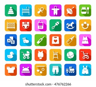 Products for children, colored flat icons. Clothes, toys and personal items for newborns and young children. White icons on a colored background with a shadow. 