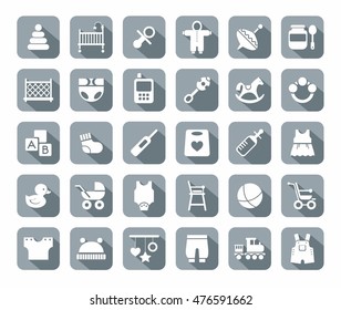Products for children, gray, flat icons. Clothes, toys and personal items for newborns and young children. White icons on gray background with shadow. 