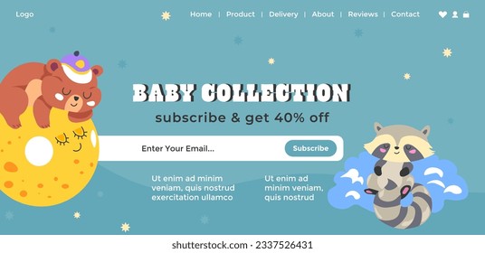 Products and clothes for babies, newborn and toddler collection. Subscribe and get forty percent off price, reduction and discount. Website landing page template, internet site. Vector in flat style