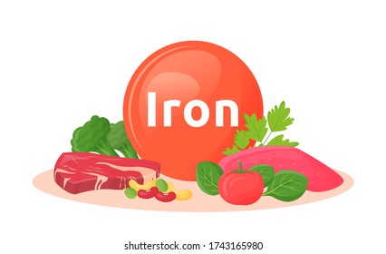 Products containing iron cartoon vector illustration. Fe in meat, liver, beans, nuts. Fresh tomatos and broccoli. Parsley and spinach greens flat color object. Good diet isolated on white background