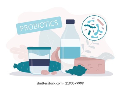 Products containing large number of beneficial microorganisms. Fresh fruits and vegetables improve digestion. Dairy products normalize work of stomach. Probiotics concept. Flat vector illustration
