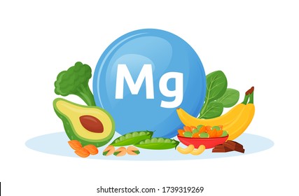 Products containing magnesium cartoon vector illustration. Mg in broccoli and spinach veggies. Bananas and nuts healthy food flat color object. Healthy vegetarian food isolated on white background