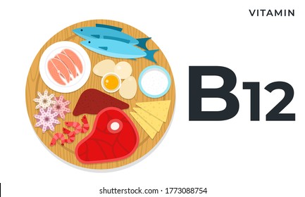 Products Containing Vitamin B12 Flat Vector Illustrations. Healthy Food And Wellbeing Concept.