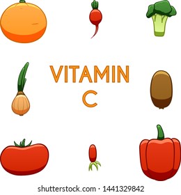 Products containing vitamin C. Orange, radish, broccoli, onion, kiwi, tomato, rosehip, sweet red pepper. White background, vector.