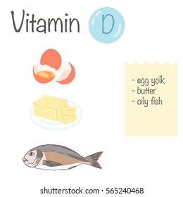 Products containing vitamin D. Outlined and colored vector set.