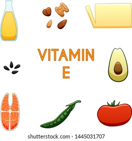 Products Containing Vitamin E. Olive Oil, Nuts, Butter, Sunflower Seeds, Avocados, Fatty Fish, Peas, Tomato. White Background, Vector.