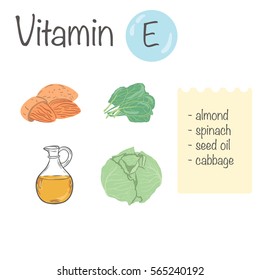 Products containing vitamin E. Outlined and colored vector set.