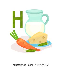 Products containing vitamin H biotin . Green peas, carrot, fresh cheese and jug of milk. Flat vector for poster about nutrition