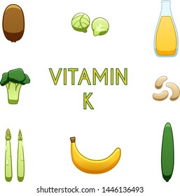Products containing vitamin K. Kiwi, brussels sprouts, oils, broccoli, cashews, asparagus, banana, cucumber. White background, vector.