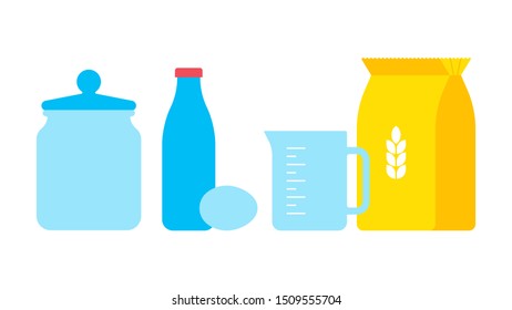 Products for cooking and baking. Flour, butter, eggs, milk and suggar. Kitchenware and utensils. Flour, butter, eggs, milk. Kitchen utensils and utensils.