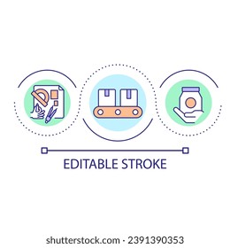 Products creation process loop concept icon. Goods design and manufacture. Production technology abstract idea thin line illustration. Isolated outline drawing. Editable stroke