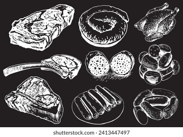 Productos de la tienda. Ilustración gráfica de filetes, salchichas y pollo asado al fondo negro, elementos vectoriales	