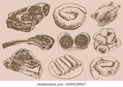 Products of deli. Graphical illustration of steaks, sausages and grilled chicken on sepia background, vector elements	