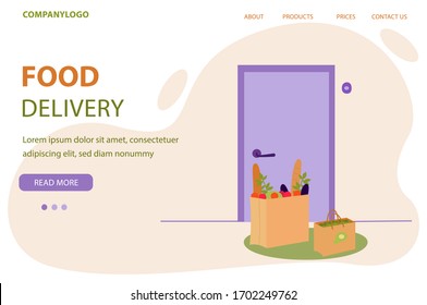 Products delivery to door. Keep safe on quarantine and stay at home. Foods delivery to home vector cartoon illustration. Online shopping web page