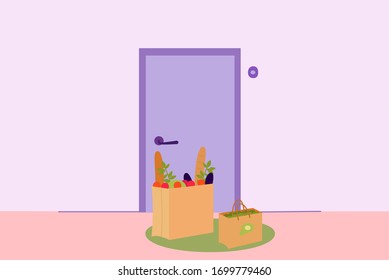 Products delivery to home on quarantine. Foods delivery to home vector cartoon illustration. Online shopping