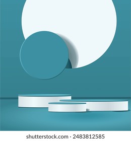 Produkte zeigen 3D-Hintergrund-Podiumszene mit geometrischer Form-Plattform. Hintergrund-Vektorgrafik 3D-Rendering mit Podium. Anzeige, um kosmetische Produkte zu zeigen. Bühnenvitrine auf Sockel-Display blaues Studio