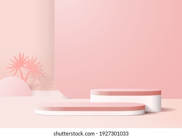 products display abstract minimal scene with leaf geometric platform. background vector 3d rendering with podium. stand to show cosmetic products. Stage showcase on pedestal modern 3d pink studio