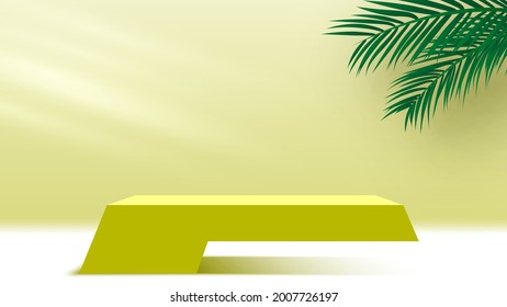 Produktanzeiger. Leeres Podium mit Palmblättern. Gelber Fußboden. 3D-Renderstufe. Ausstellungsstand. Vektorgrafik.
