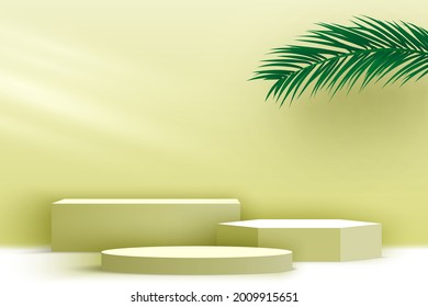 Products display platform. Blank podium with palm leaves. Beige pedestal. 3d render stage. Exhibition stand. Vector illustration.