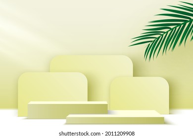 Products display platform. Blank podium with palm leaves. Pedestal. Vector illustration.