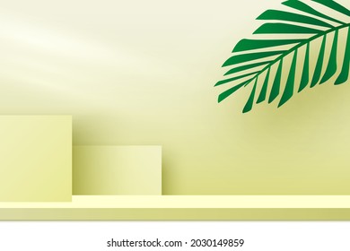Plataforma de presentación de productos. Podio en blanco con hojas de palma. 3 quinquies etapa de representación. Pedestal. Puesto de exposición. Ilustración vectorial.