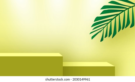 Plataforma de presentación de productos. Podio en blanco con hojas de palma. Pedestal. Puesto de exposición. Ilustración vectorial.