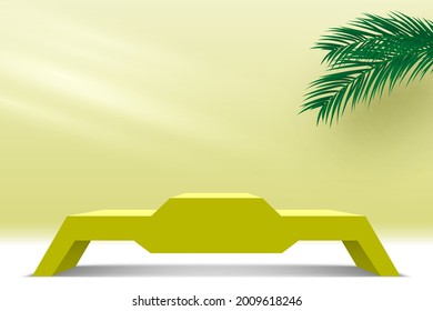 Products display platform. Blank yellow podium with palm leaves. Pedestal. 3d render stage. Exhibition stand. Vector illustration.