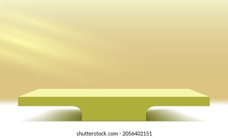 Products display platform with sun rays on wall. Podium. Blank pedestal. 3d render stage. Exhibition stand. Vector illustration.