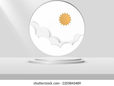 products display a podium scene with geometric platform. background vector 3d rendering with podium. stand to show products. Stage  on pedestal display circle gray paper cut sun cloud window.
