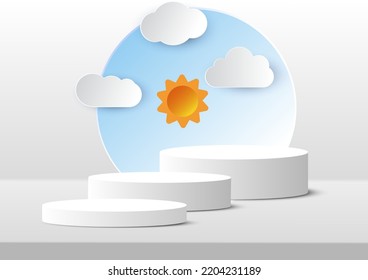 products display a podium scene with geometric platform. background vector 3d rendering with podium. stand to show products. Stage  on pedestal display circle gray paper cut sun cloud window.