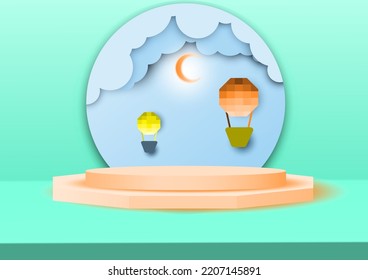 products display a podium scene with geometric platform. background vector 3d rendering with podium. stand. Stage  on pedestal display circle gray blue orange yellow  paper cut balloon cloud window.