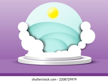 products display a podium scene with geometric platform. background vector 3d rendering with podium. stand to show products. Stage  on pedestal display   blue green purple  paper cut sun cloud window.