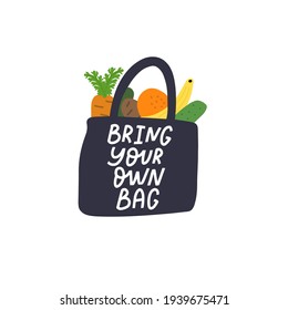 Products in eco canvas bag hand drawn illustration. Farmers market food in tote. Fresh fruits, vegetables buying. Ecology friendly shopping. Grocery store purchases in textile handbag with typography