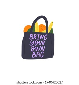 Products in eco canvas bag hand drawn illustration. Farmers market food in tote. Fresh fruits, vegetables buying. Ecology friendly shopping. Grocery store purchases in textile handbag with typography