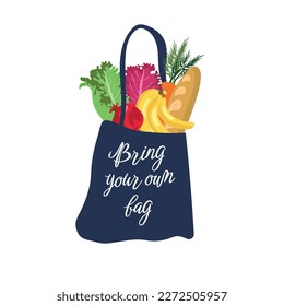 Products in eco canvas bag hand drawn illustration. Farmers market food in tote. Fresh fruits, vegetables buying. Ecology friendly shopping. Grocery store purchases in textile handbag with typography