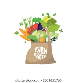 Products in eco canvas bag hand drawn illustration. Farmers market food in tote. Fresh fruits, vegetables buying. Hand drawing phrase - Farm fresh 