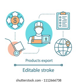 Products export concept icon. Logistics and distribution. Delivery service idea thin line illustration. Freight transportation. Cargo shipping. Vector isolated outline drawing. Editable stroke