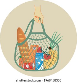 Products, food, vegetables in a string bag. A human hand carries a net, a bag from the store. Eco Friendly Concept Cotton Net Shopping Bag with fresh vegetables, fruits.