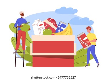 Products in freezer. Container with natural and organic products. Man with apple, banana, milk and fresh meat. Box for frozen eating. Cartoon flat vector illustration isolated on white background