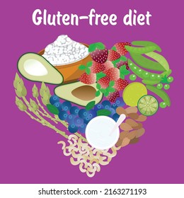 Products for a gluten-free diet. Vegetables, fruits, nuts. Gluten-free products on a bright background. Vector, eps10