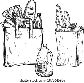 Products in a grocery bag and an eco grocery bag. Sketch. Hand drawn vector illustration