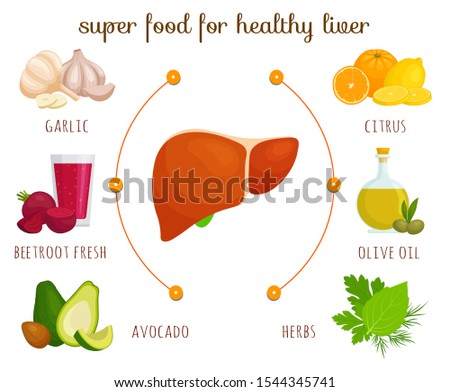 Products for a healthy liver. The best food for cleansing and proper liver function. Vector infographics on the theme of proper nutrition and healthy lifestyle. Cartoon style banner.