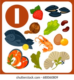 Products with high iodine content isolated illustrations set