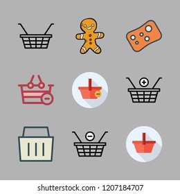 products icon set. vector set about gingerbread man, soap, shopping basket and upermarket icons set.