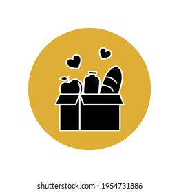 Products icon in a yellow circle. Food donations. Charitable food collection. Box with food, hearts. User button in the application interface. Humanitarian volunteer activities. Vector graphics.