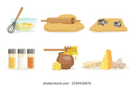 Products, Ingredients And Utensils For Cooking And Baking Vector Illustration Set Isolated On White Background