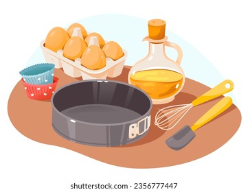 Produkte und Küchenwerkzeuge zum Kochen von Rezepten. Backzutaten. Cartoon-Vektorgrafik